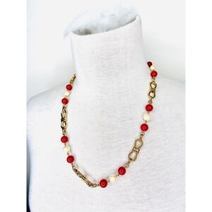 Monet Vintage Gold Tone Red and Cream Faux Pearl Bow Station Necklace